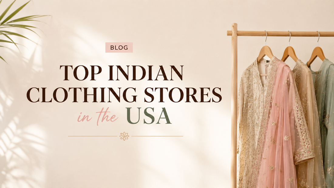 Top Indian clothing stores in the USA – a minimalist Indian fashion blog banner featuring elegant ethnic clothing on a rack.