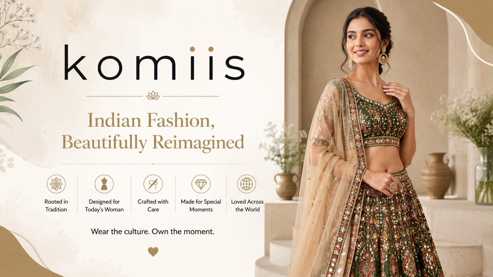 Komiis Indian fashion brand banner featuring a woman wearing an embroidered olive green lehenga choli with a sheer dupatta, showcasing traditional Indian craftsmanship and modern ethnic fashion.