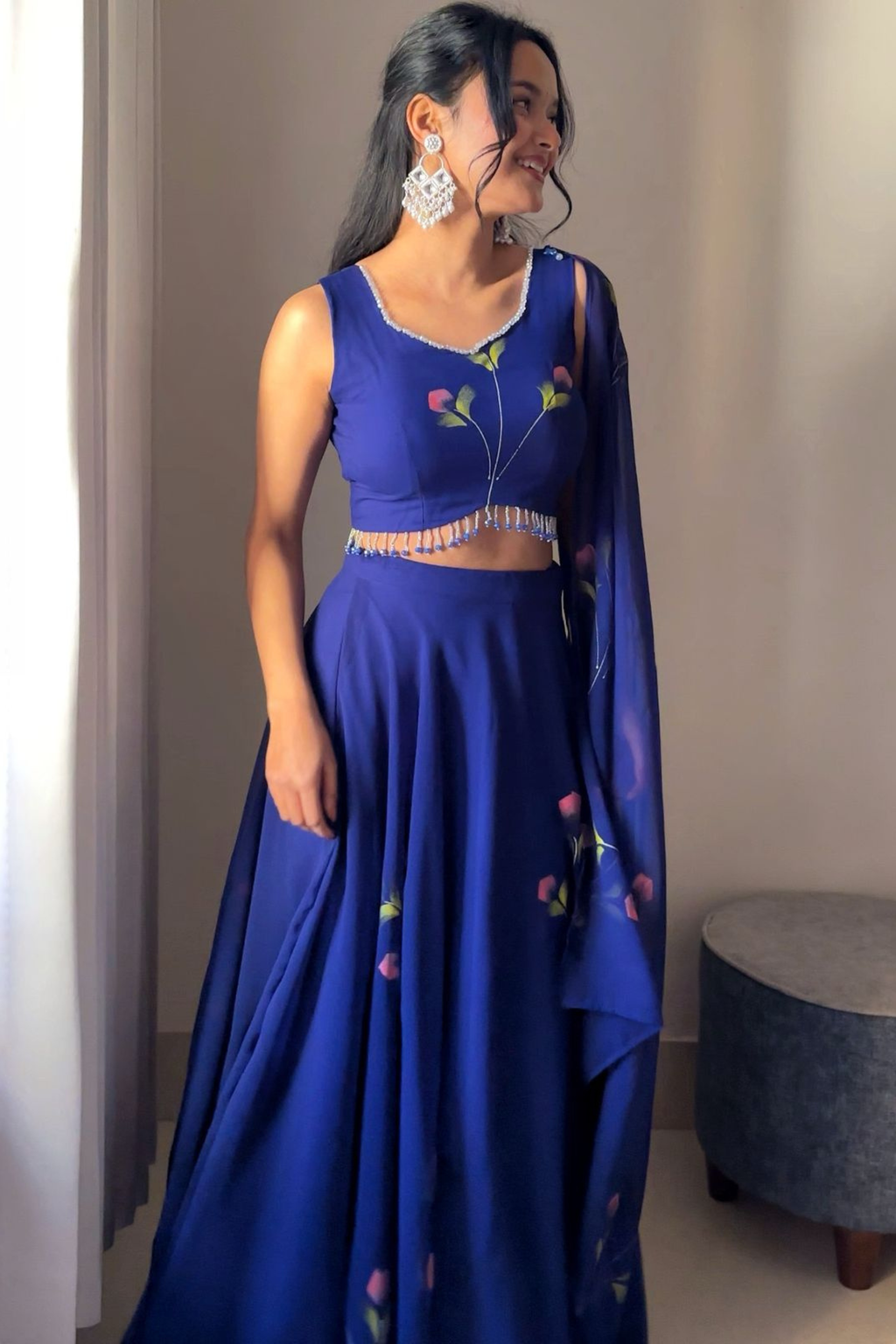 Hand Painted Georgette Lehenga Set with Draped Dupatta
