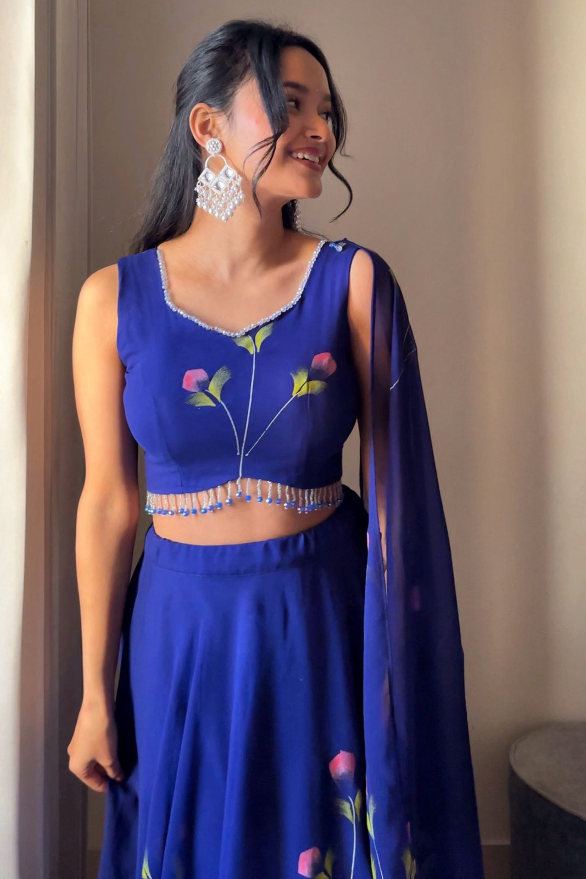 Hand Painted Georgette Lehenga Set with Draped Dupatta