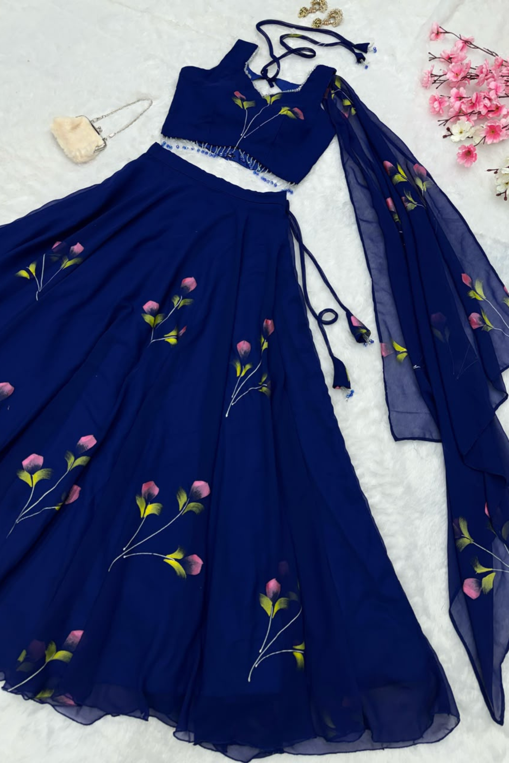 Hand Painted Georgette Lehenga Set with Draped Dupatta