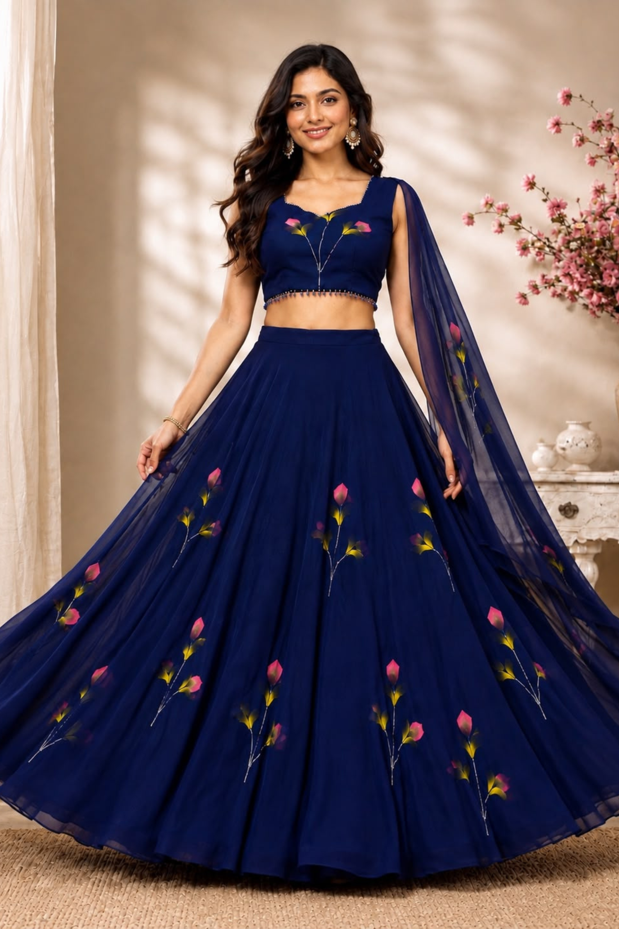 Hand Painted Georgette Lehenga Set with Draped Dupatta