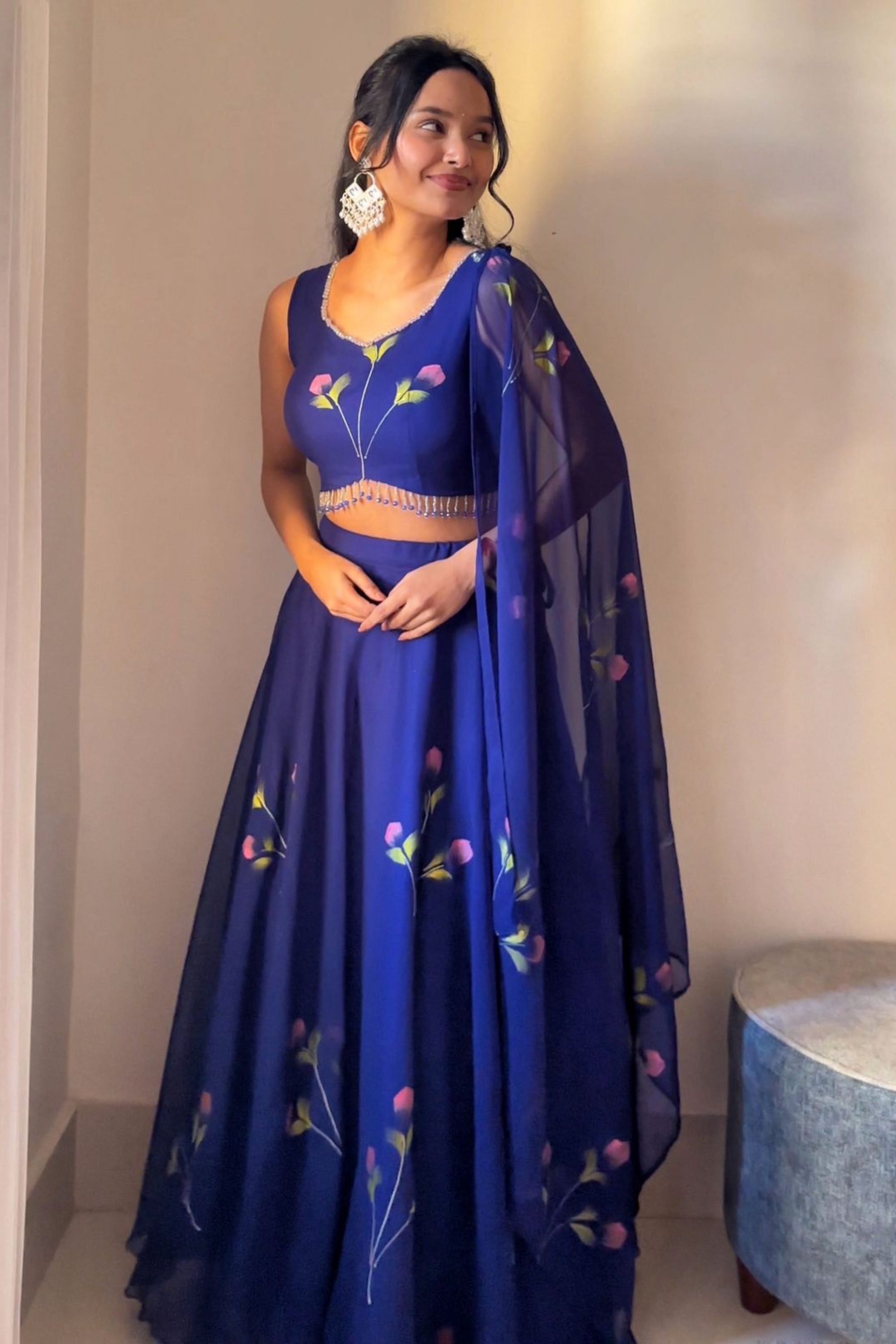 Hand Painted Georgette Lehenga Set with Draped Dupatta
