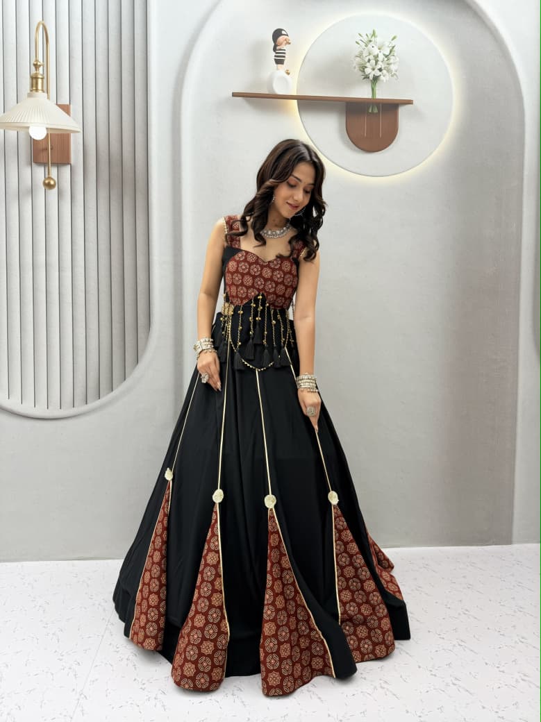Pure cotton Ajrak Lehenga Choli with heavy latkan detailing and black festive skirt
