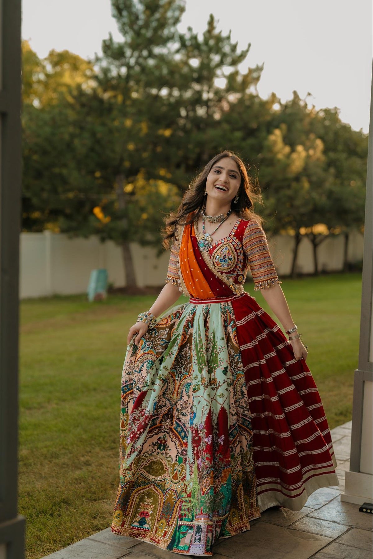 Navratri Lehenga Choli with Mirror Work & Printed Muslin