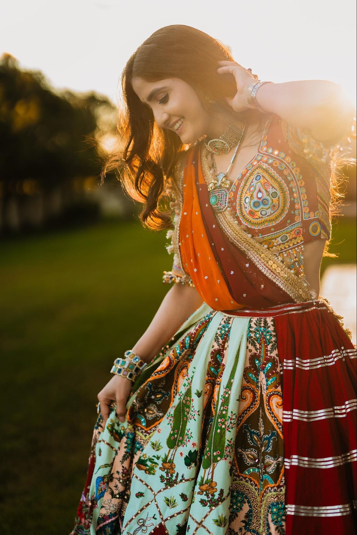 Navratri Lehenga Choli with Mirror Work & Printed Muslin