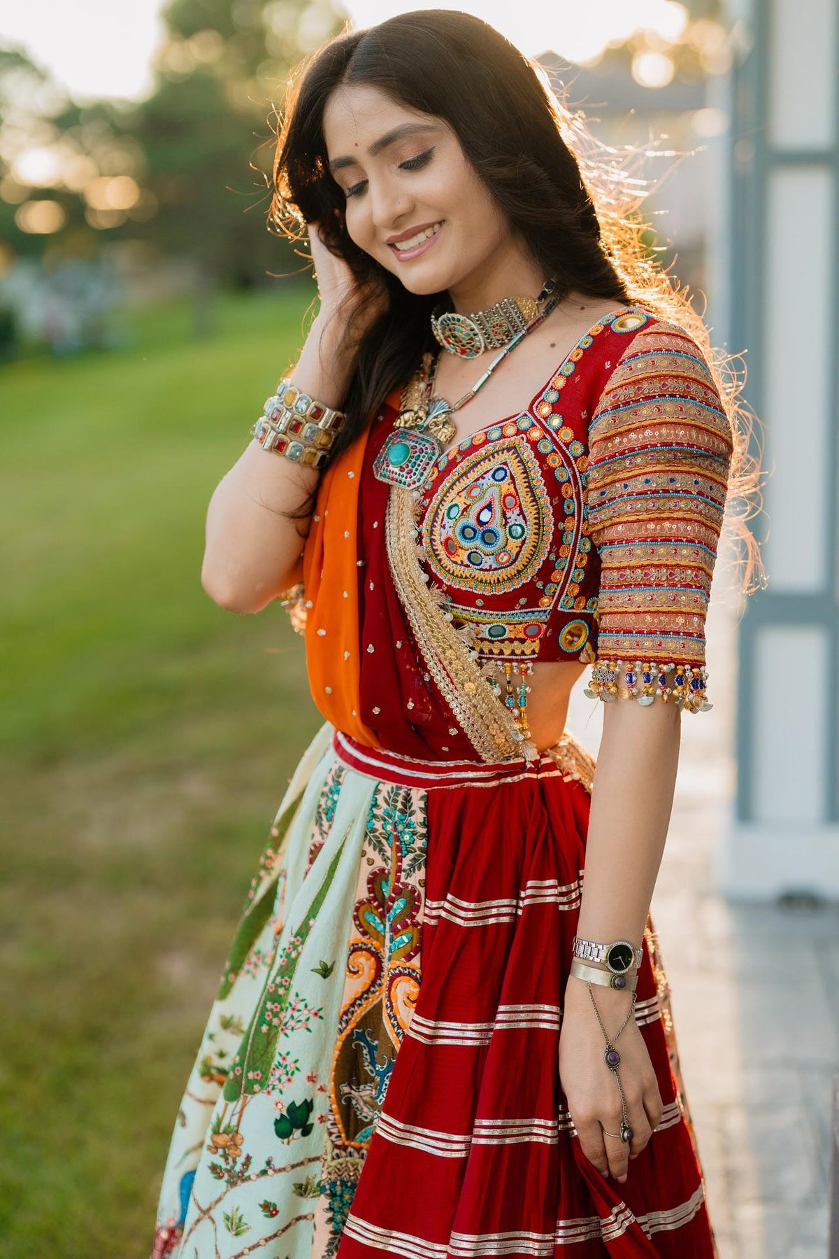 Navratri Lehenga Choli with Mirror Work & Printed Muslin