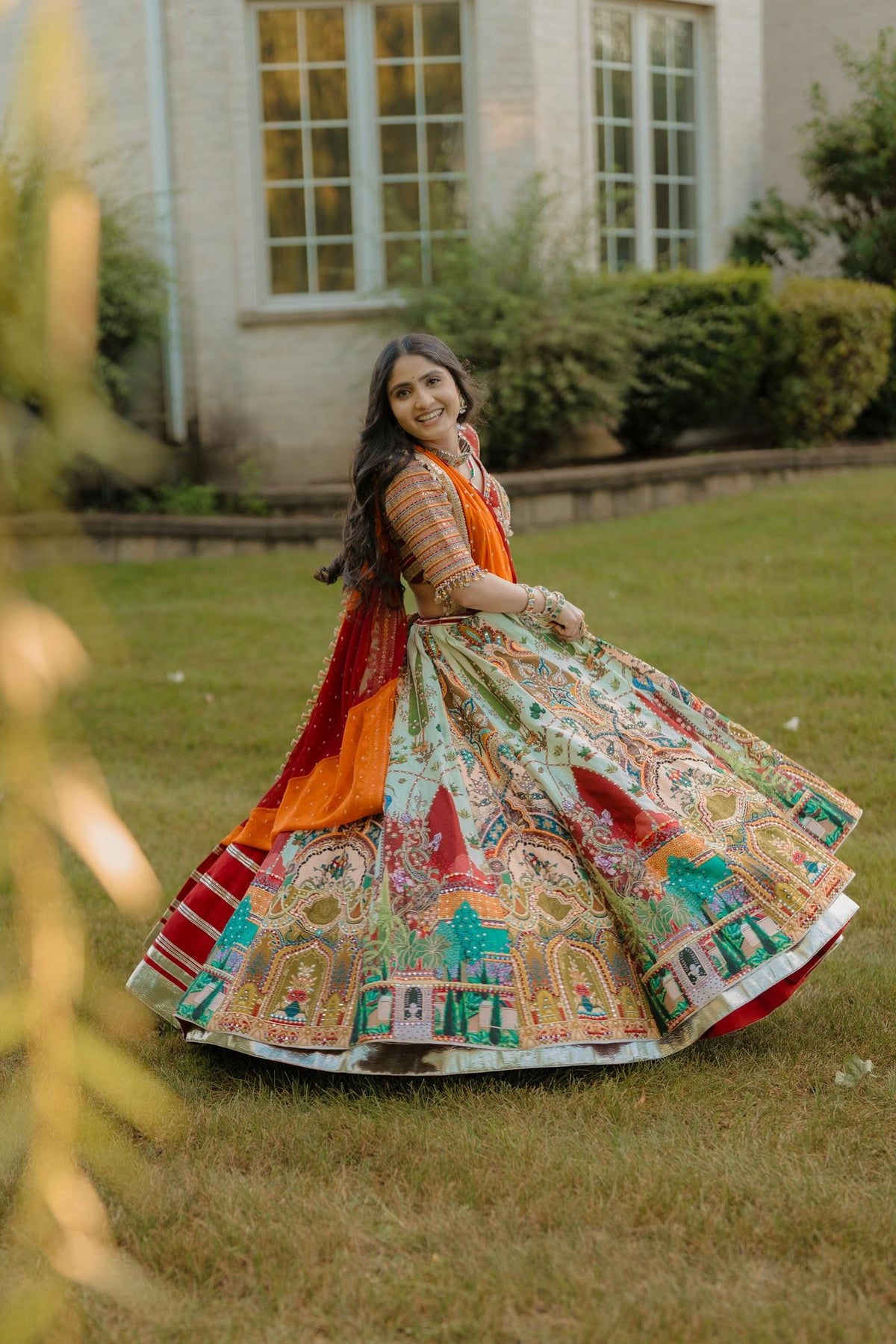 Navratri Lehenga Choli with Mirror Work & Printed Muslin