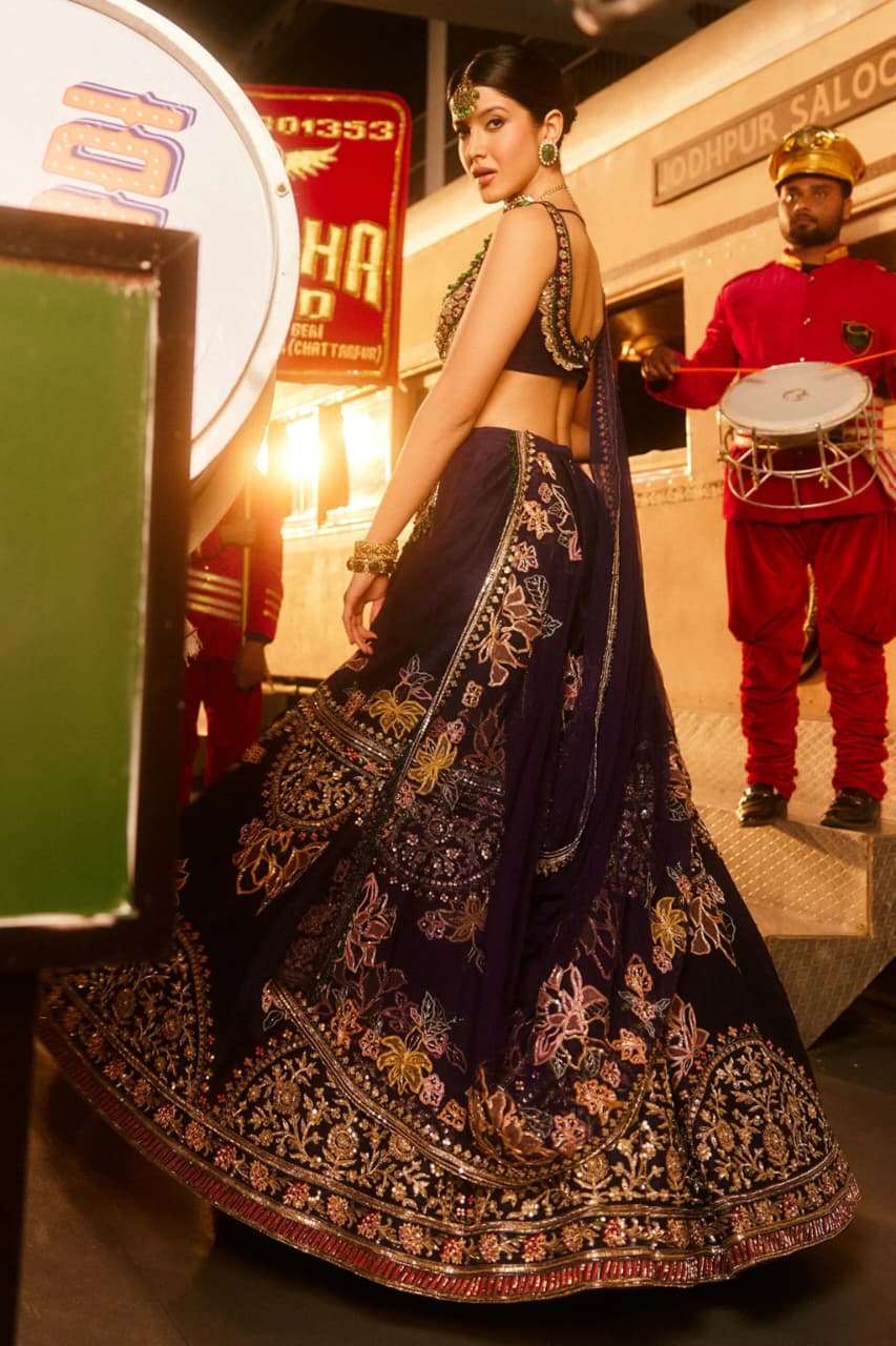 Indian Lehenga Choli – Deep Violet Embroidered Kasturi Silk Set