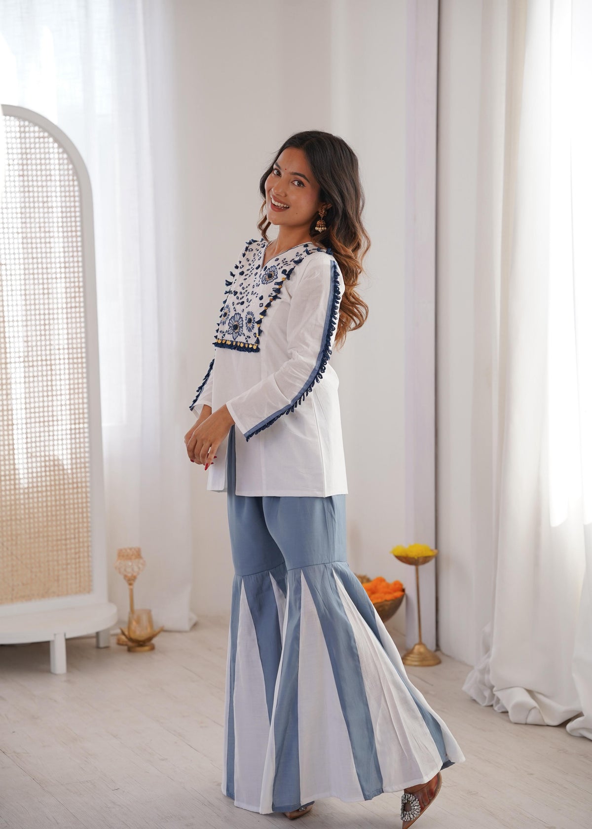 Kurta Palazzo Set in Roman Silk with Mirror Work