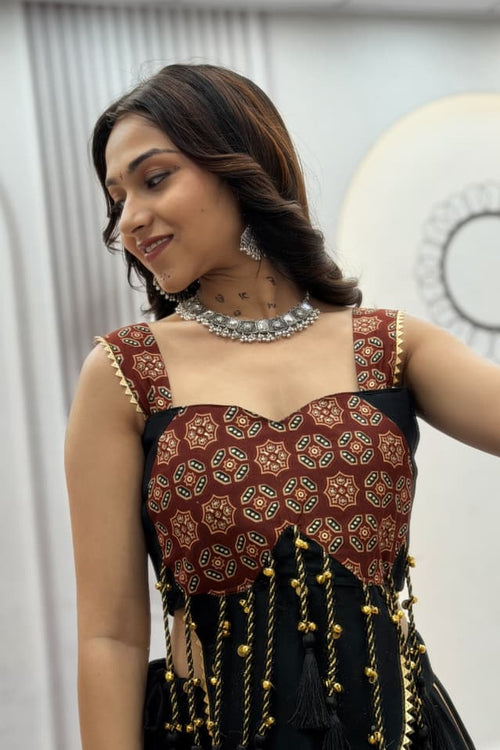 Ajrak Lehenga Choli in pure cotton with black skirt and maroon printed choli for Navratri