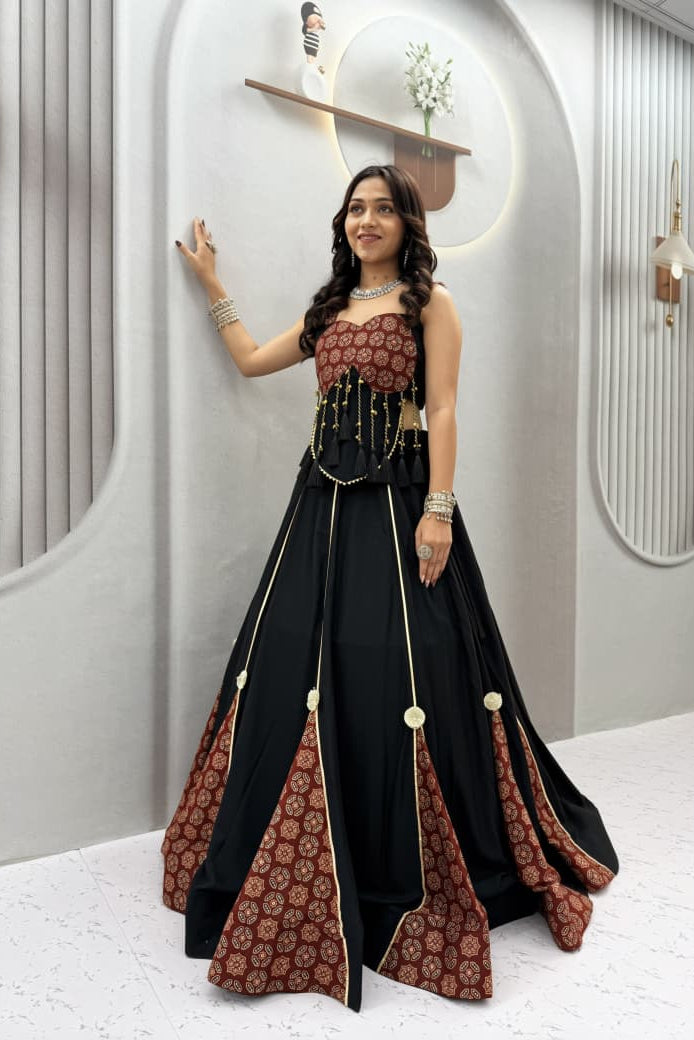Navratri Ajrak Chaniya Choli featuring a 6 meter black lehenga flair and printed panels