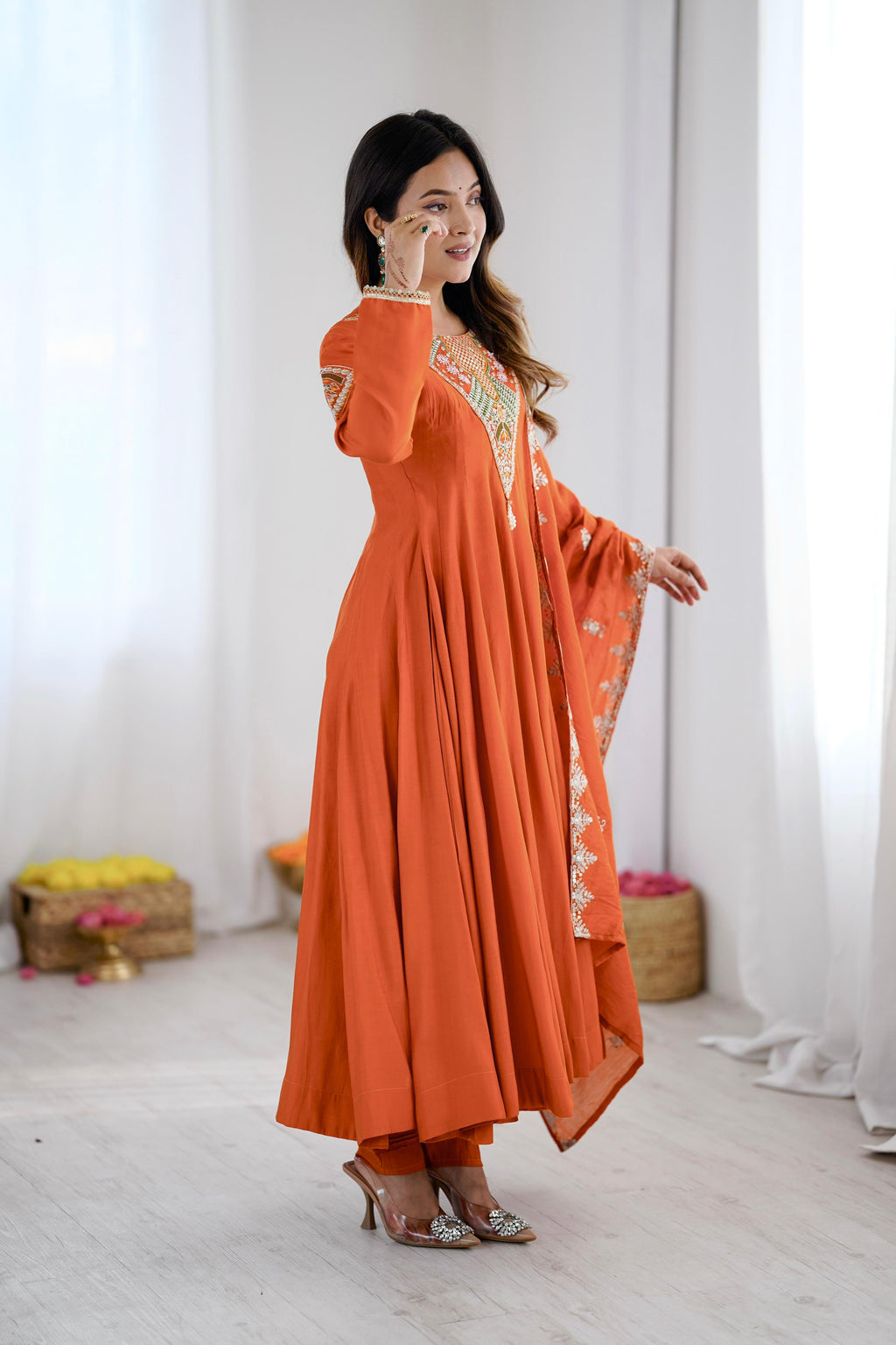 Indian Anarkali outfit with embroidered Roman Silk dupatta and matching gown