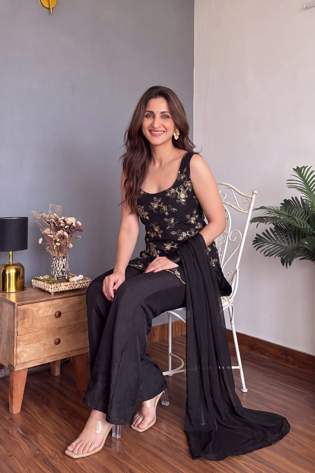 Black Bollywood-inspired style suit set with embroidered top and dupatta