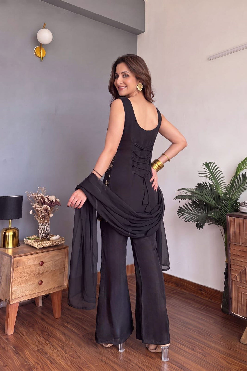 Black embroidered palazzo suit for women with matching dupatta