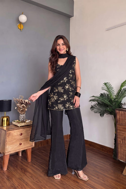 Black georgette embroidered suit with golden sequence detailing