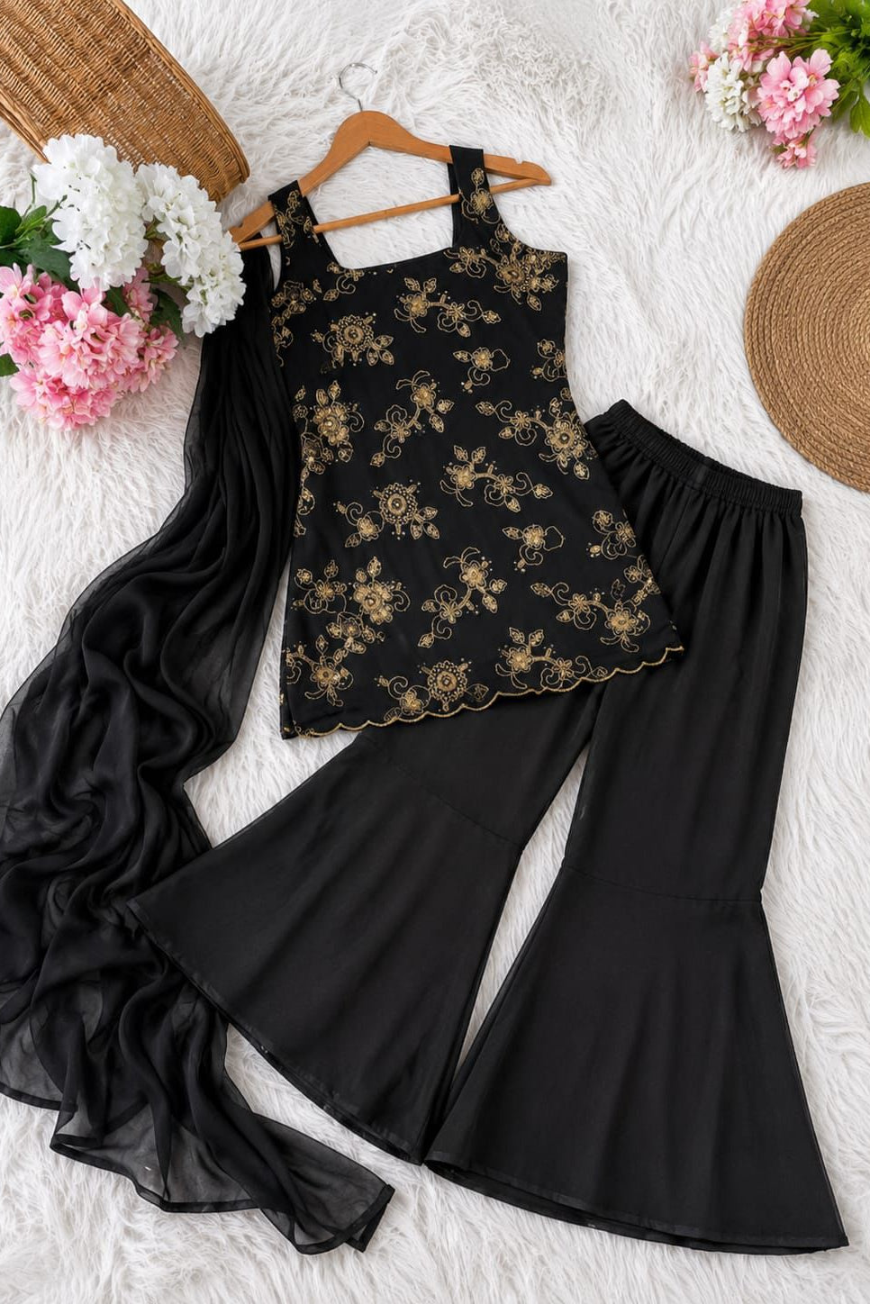 Black embroidered georgette suit set with top, palazzo and dupatta