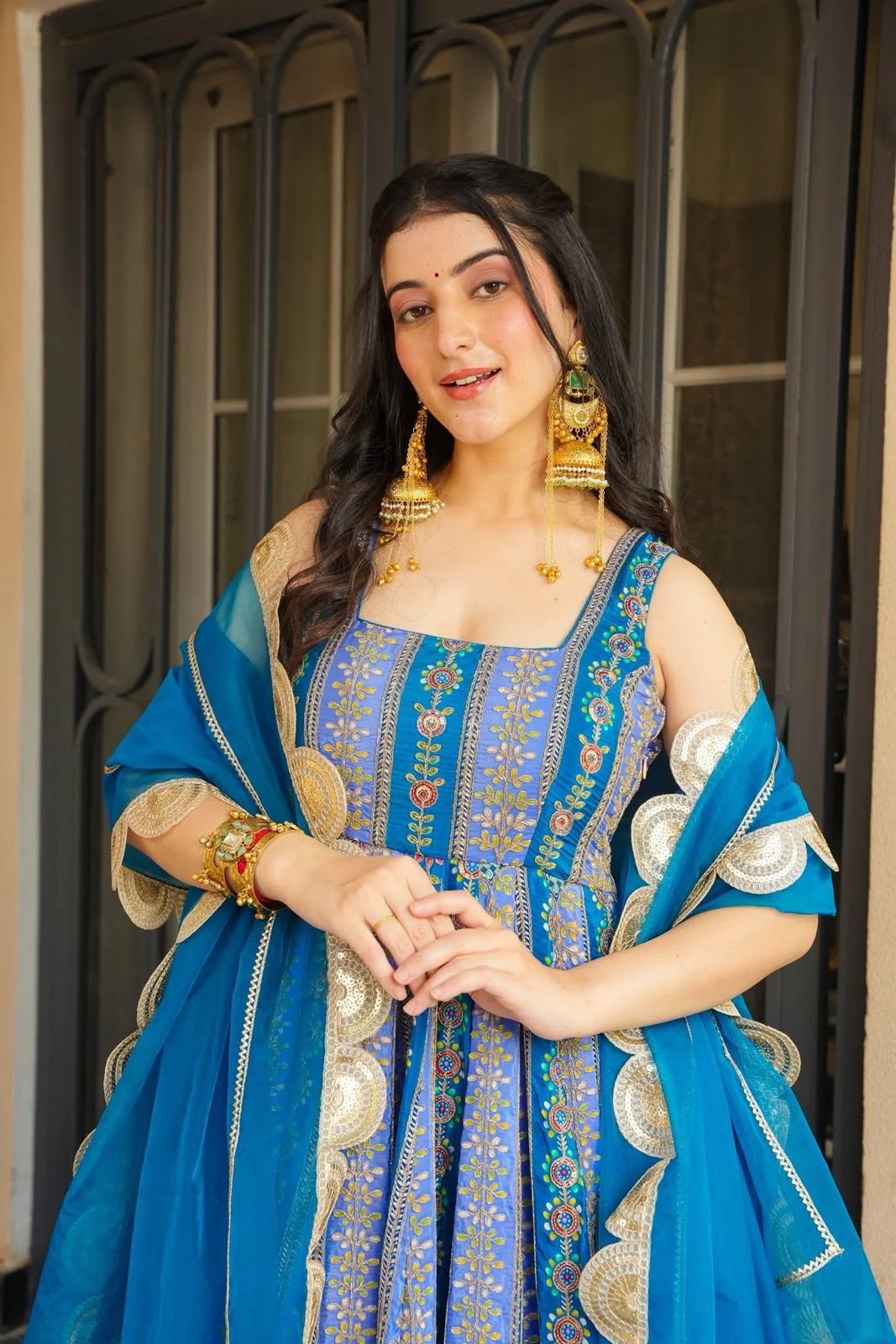 Blue digital printed Anarkali Gown with detailed bodice and designer dupatta