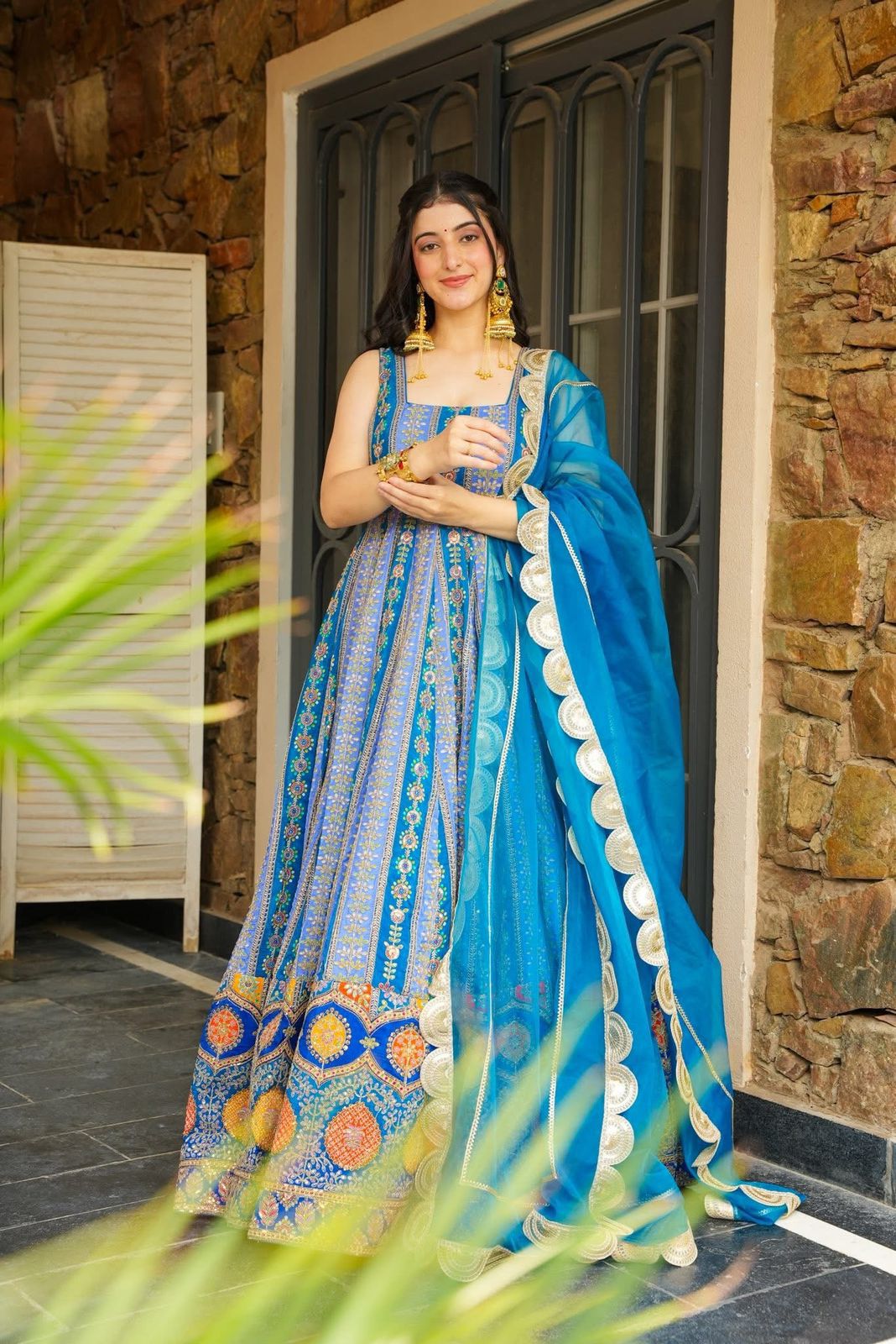 Blue digital printed Anarkali Gown outfit with coordinated dupatta and accessories