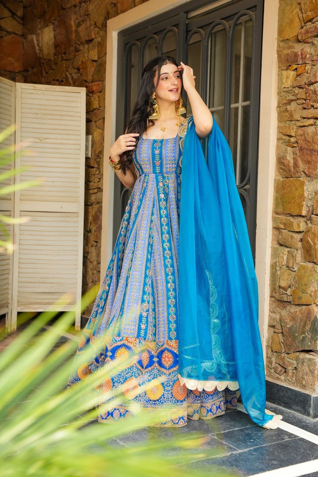 Blue Jimmy Organza Silk Anarkali Gown with digital print and Georgette dupatta