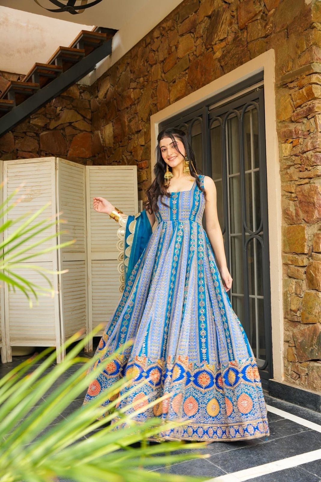 Full-length blue printed Anarkali Gown with flowing flared silhouette