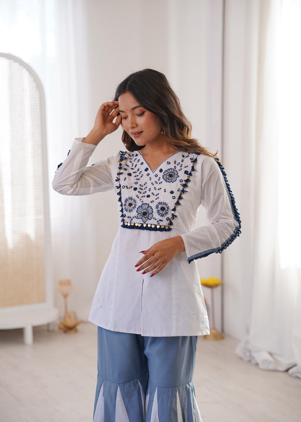 Blue and white ethnic Kurta Palazzo Set with embroidered front panel and flared palazzo
