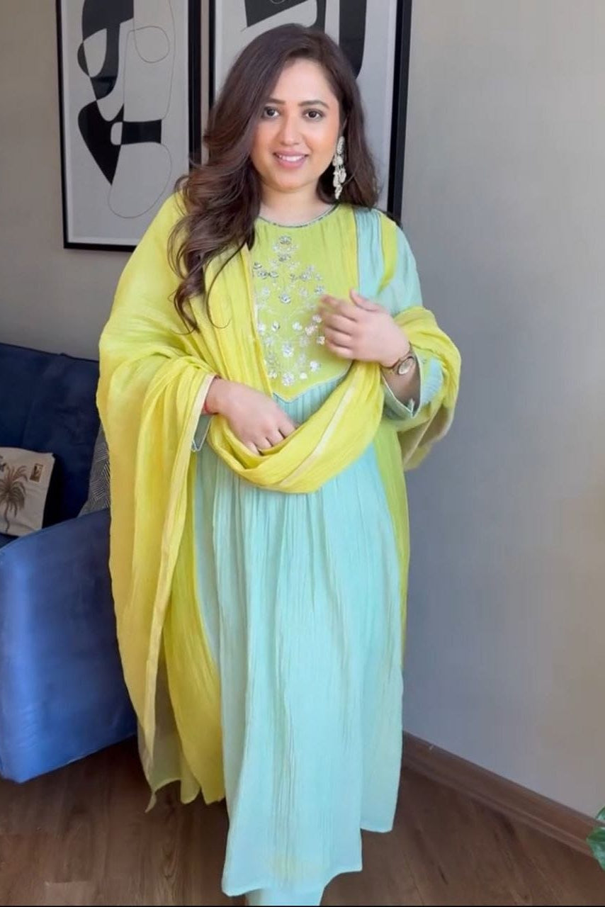 Chanderi suit set styled with a flowing lime green Banarasi Lagadi dupatta