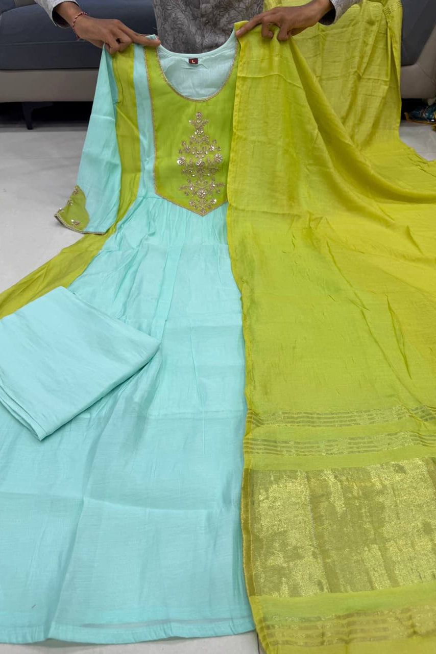 Chanderi suit set displayed with matching pants and Banarasi Lagadi dupatta