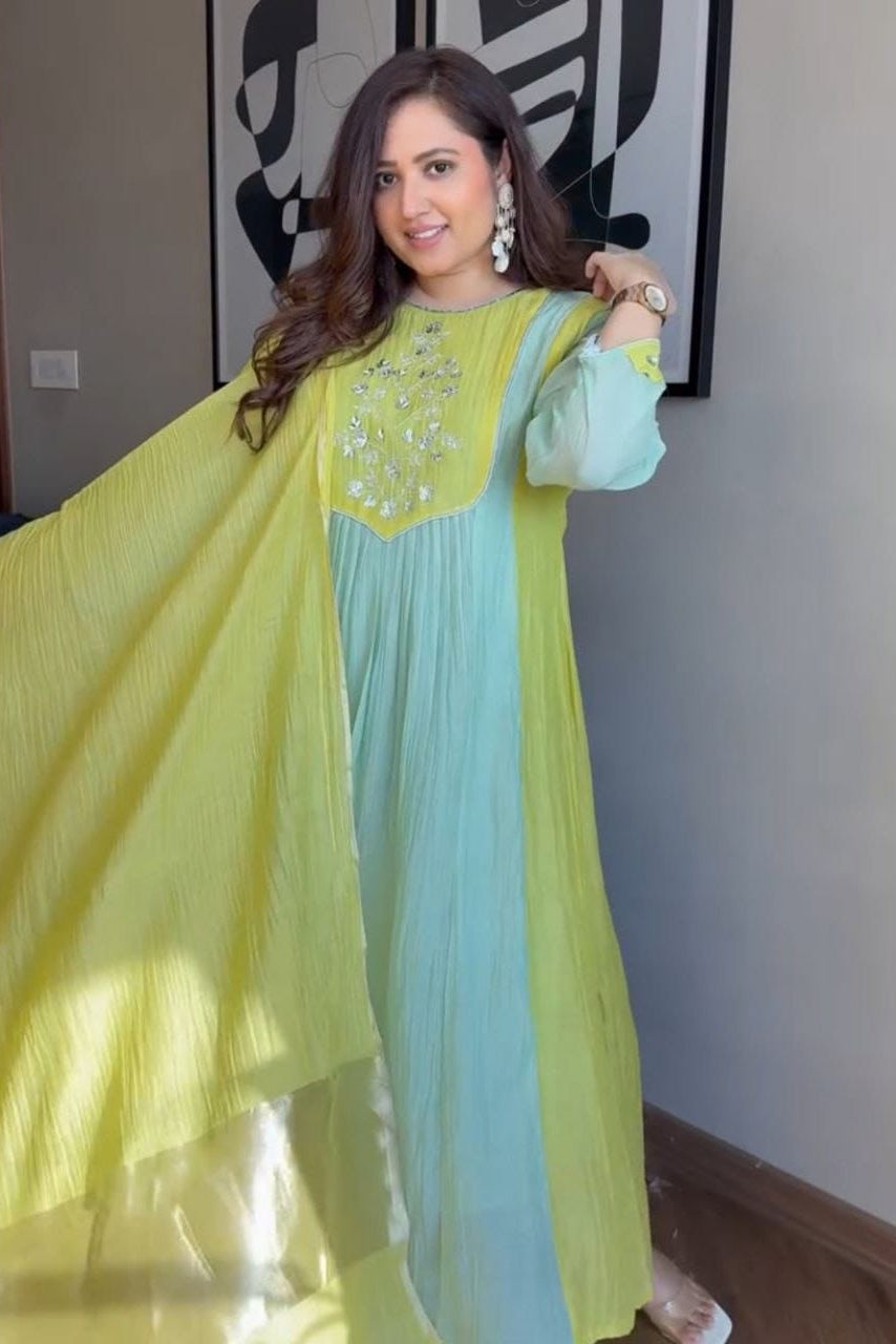Lime green and aqua Chanderi suit set with flared kurta and dupatta