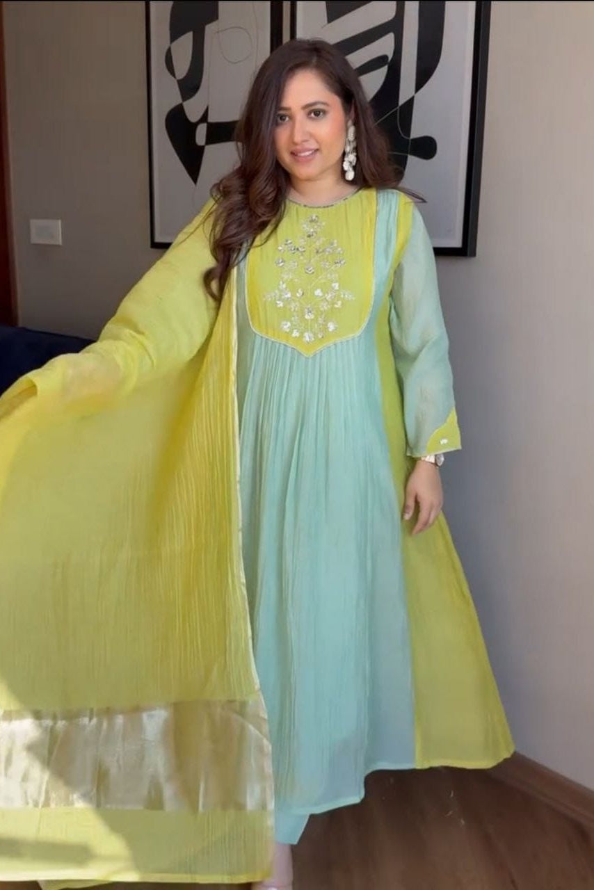 Front view of lime green and aqua Chanderi suit set with matching pants