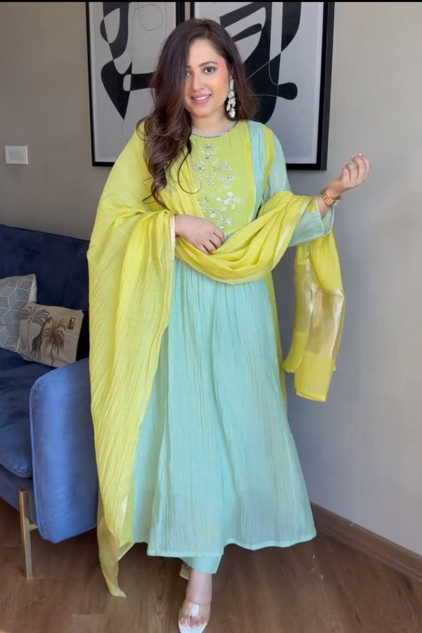 Full look of aqua and lime green Indian Chanderi suit set for festive wear