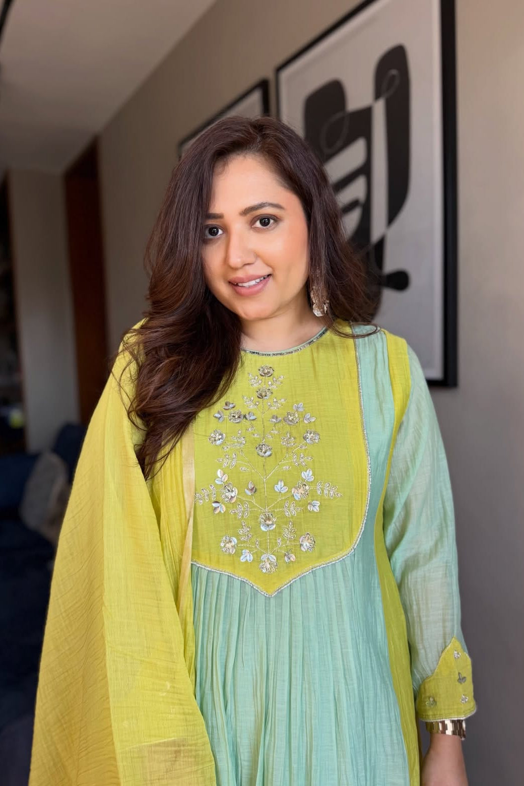 Chanderi suit set showing detailed handwork and zari Jacquard front panel