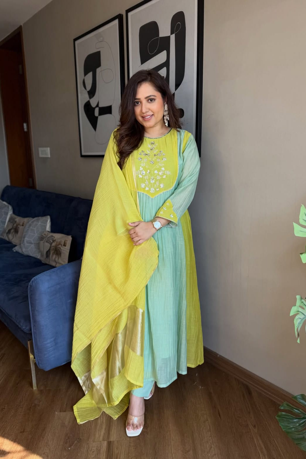 Traditional Chanderi suit set with Banarasi Lagadi dupatta and handwork details
