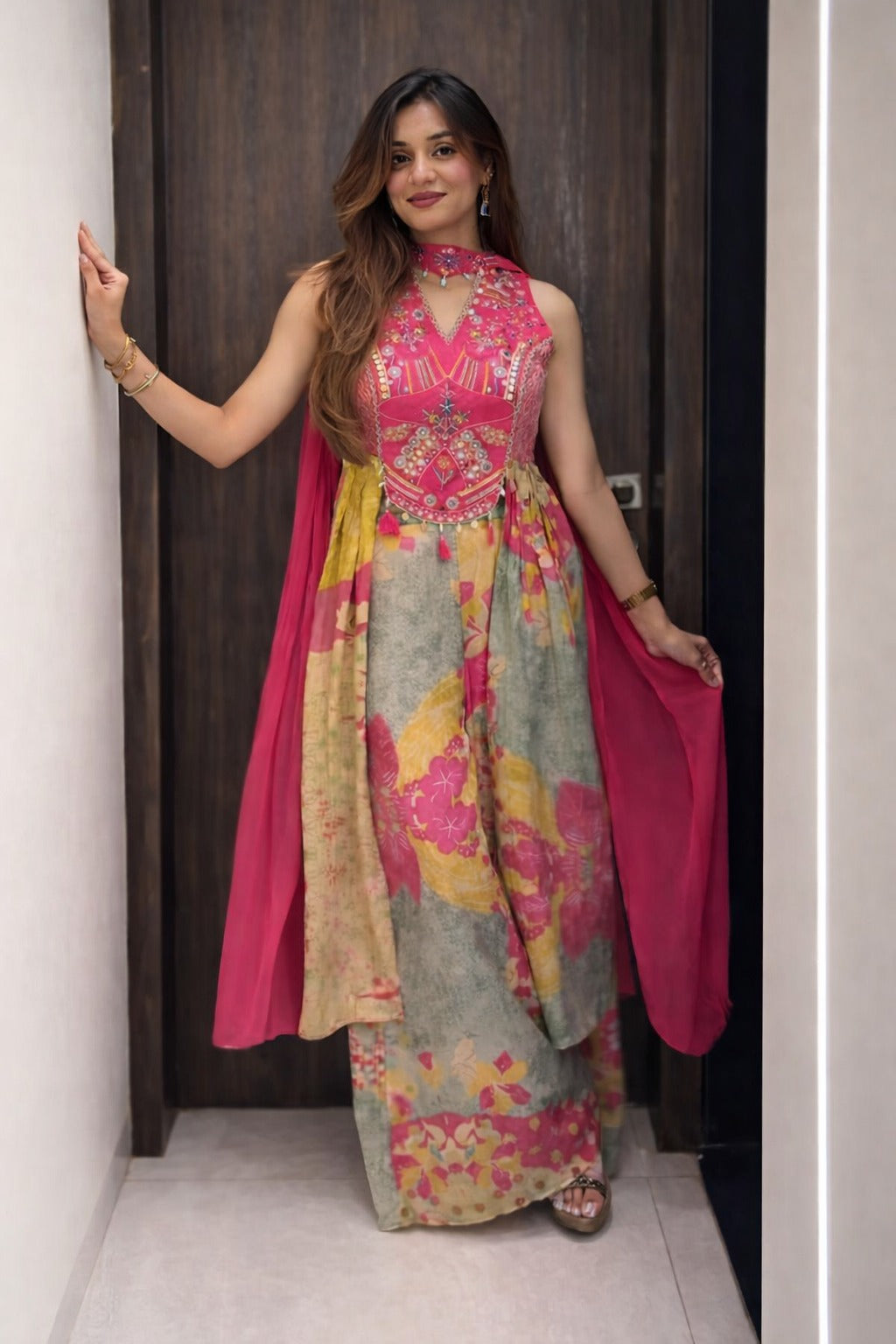 Chinon wedding suit for women styled with a flowing chiffon dupatta