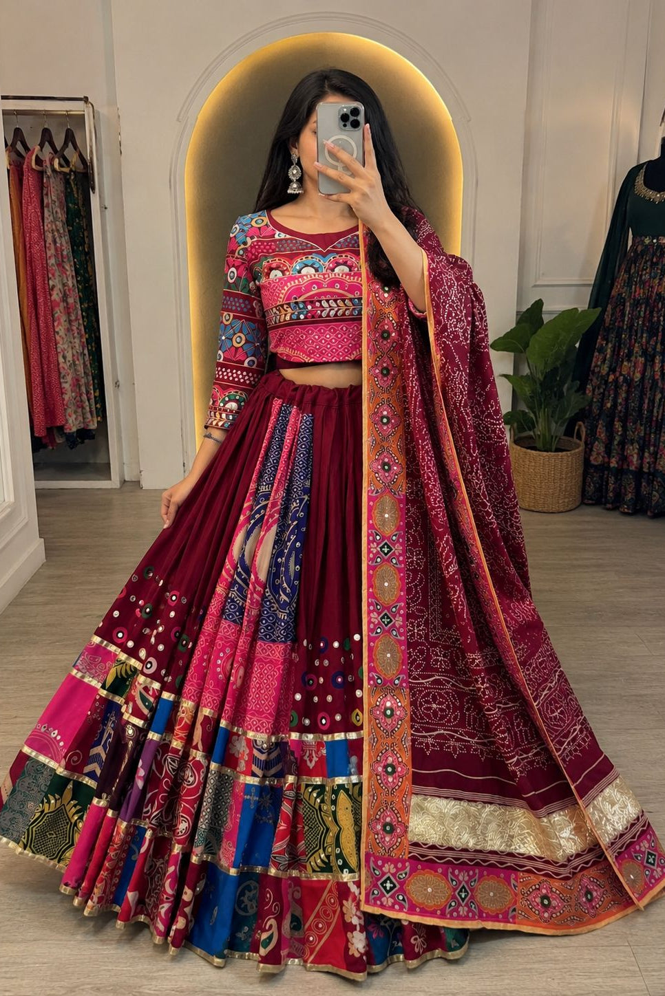 Back view of maroon Navratri Chaniya Choli showing the detailed printed dupatta and lehenga