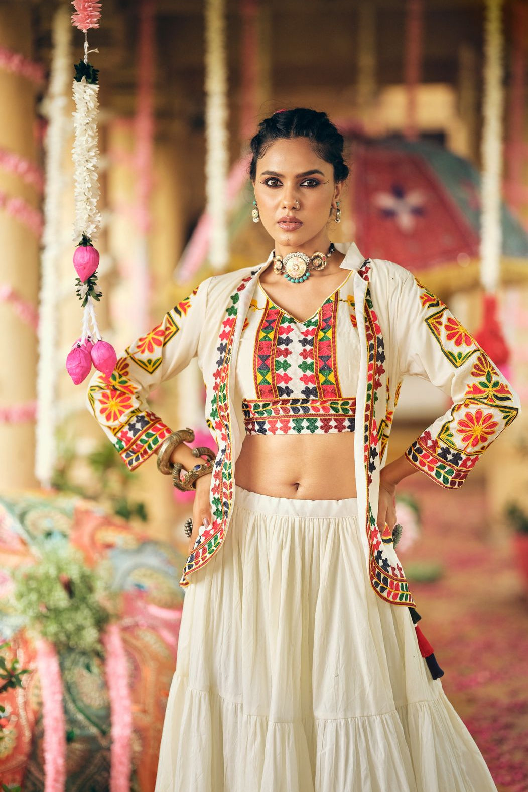 Indian cotton lehenga outfit with embroidered blouse and koti styled for festive celebrations