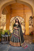 Dark Tasar Silk Lehenga full look with flared skirt, coordinated dupatta and decorative lace borders