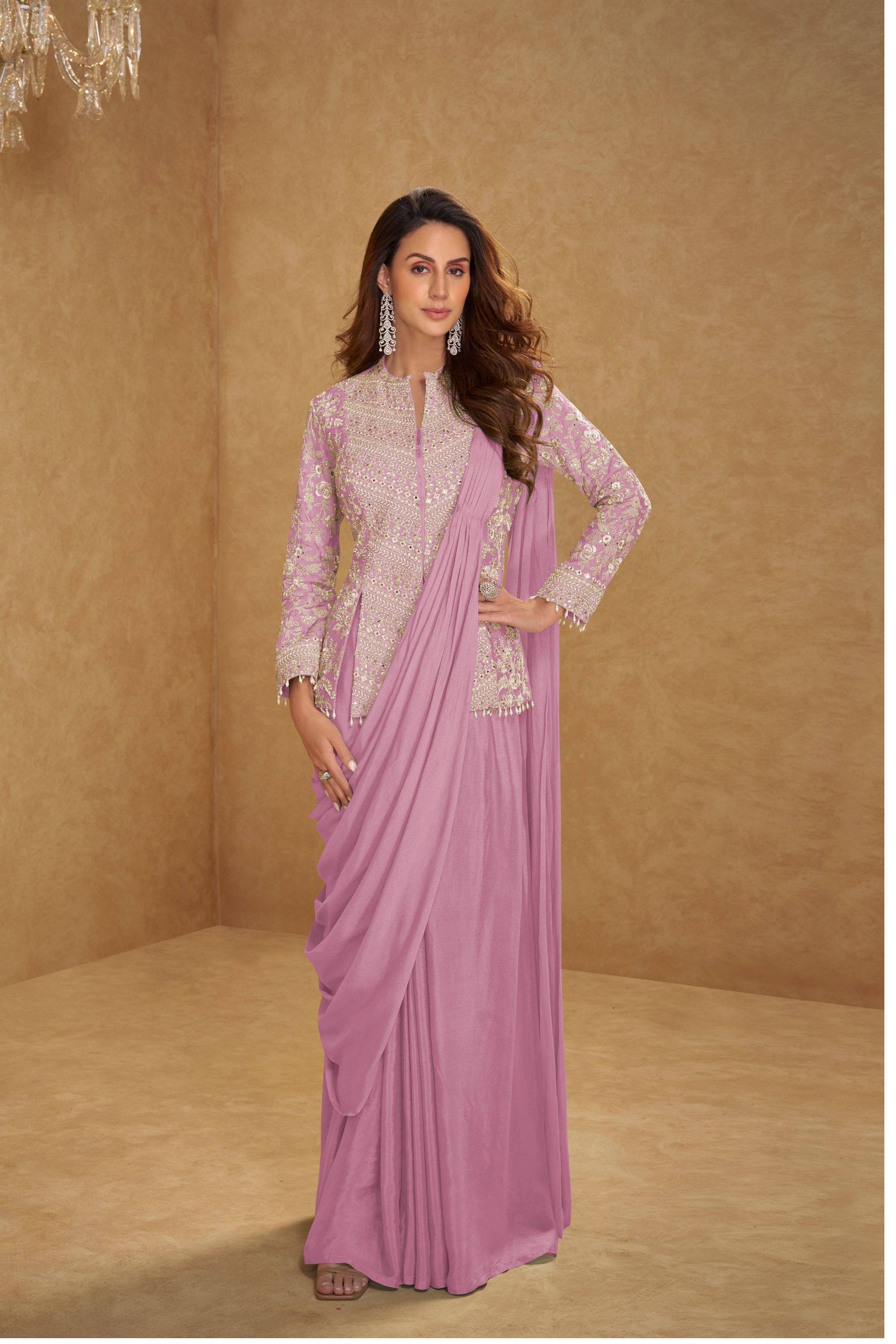 Designer jacket style saree in real Chinon with embroidered jacket and elegant pre-draped styling