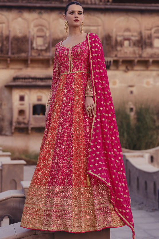 Embroidered Anarkali suit in Georgette with detailed work and matching dupatta for wedding wear