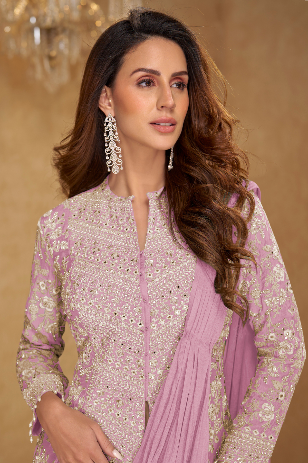 Close-up of embroidered real Chinon jacket style saree with detailed work and tassels lace