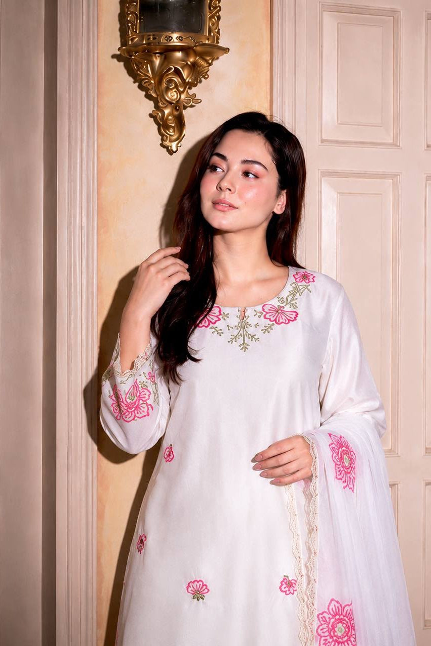 Close view of white Farshi Shalwar Suit neckline with floral embroidery and sequin detailing