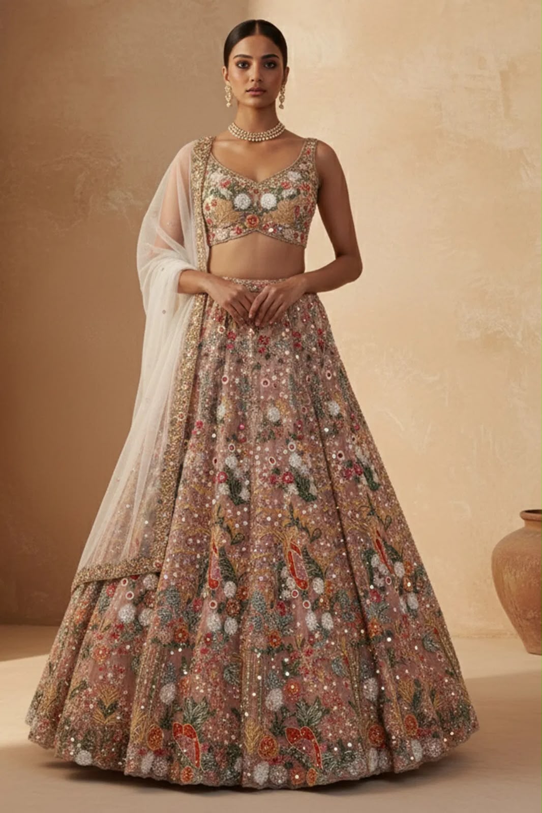 Floral lehenga choli with rainbow sequin, dori and thread work shown from the front