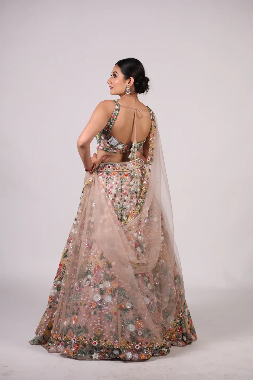 Floral net lehenga choli side view showing detailed multicolor floral sequin work