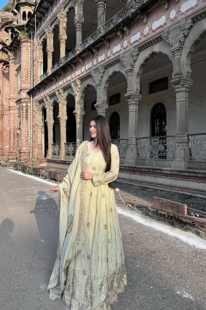 Fully stitched Indian Anarkali dress featuring zari, thread and sequin embroidery with flared gown