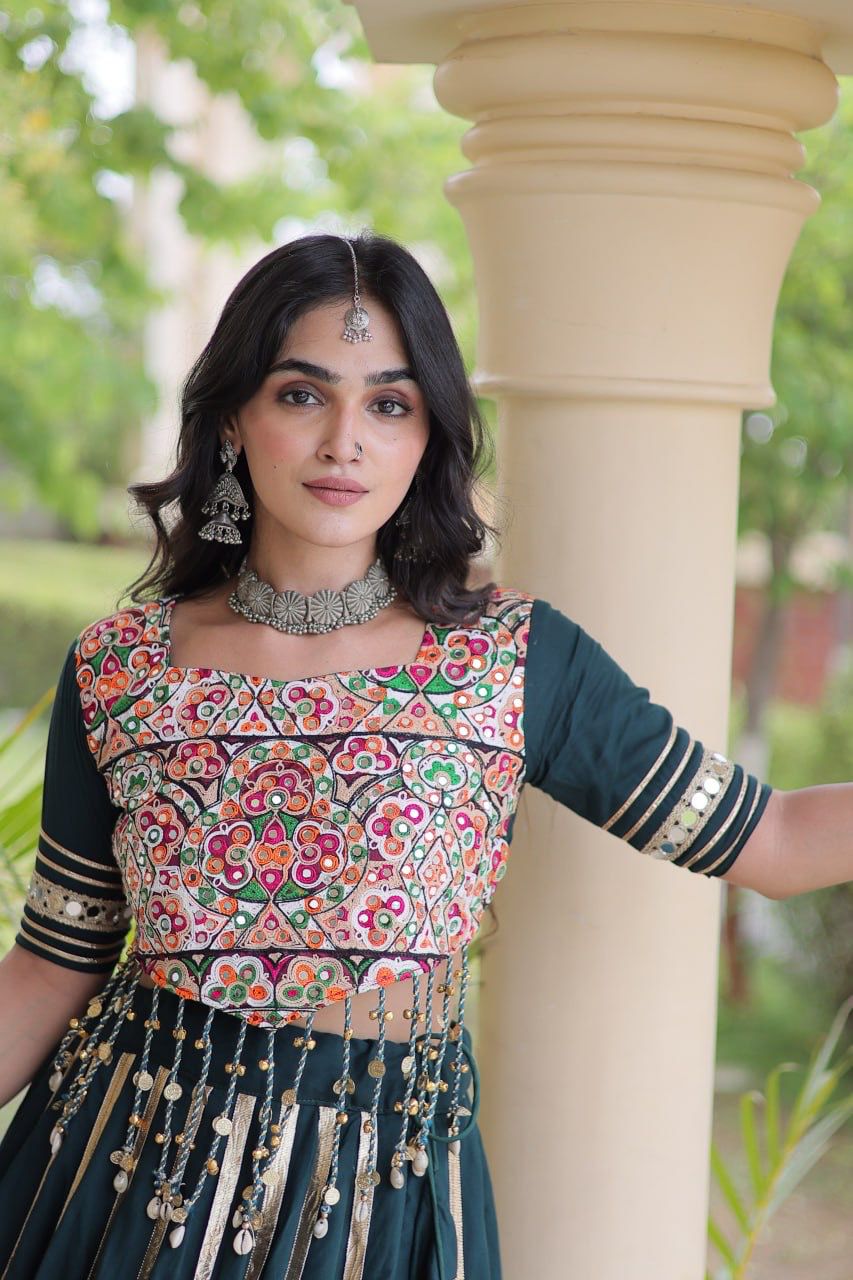 Gamthi embroidered choli with real mirror work, half sleeves and Dori Latkan