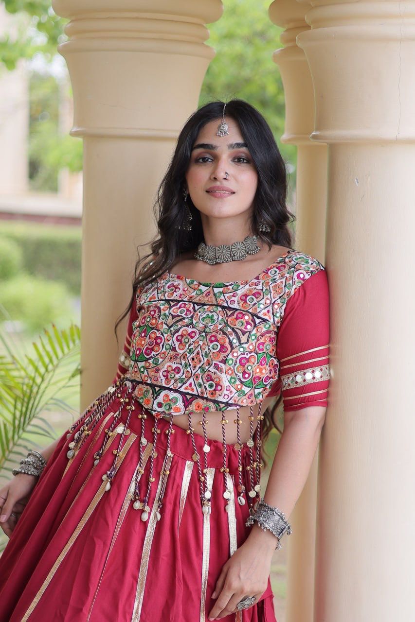 Gamthi embroidered choli with real mirror work and detailed sleeve embellishment