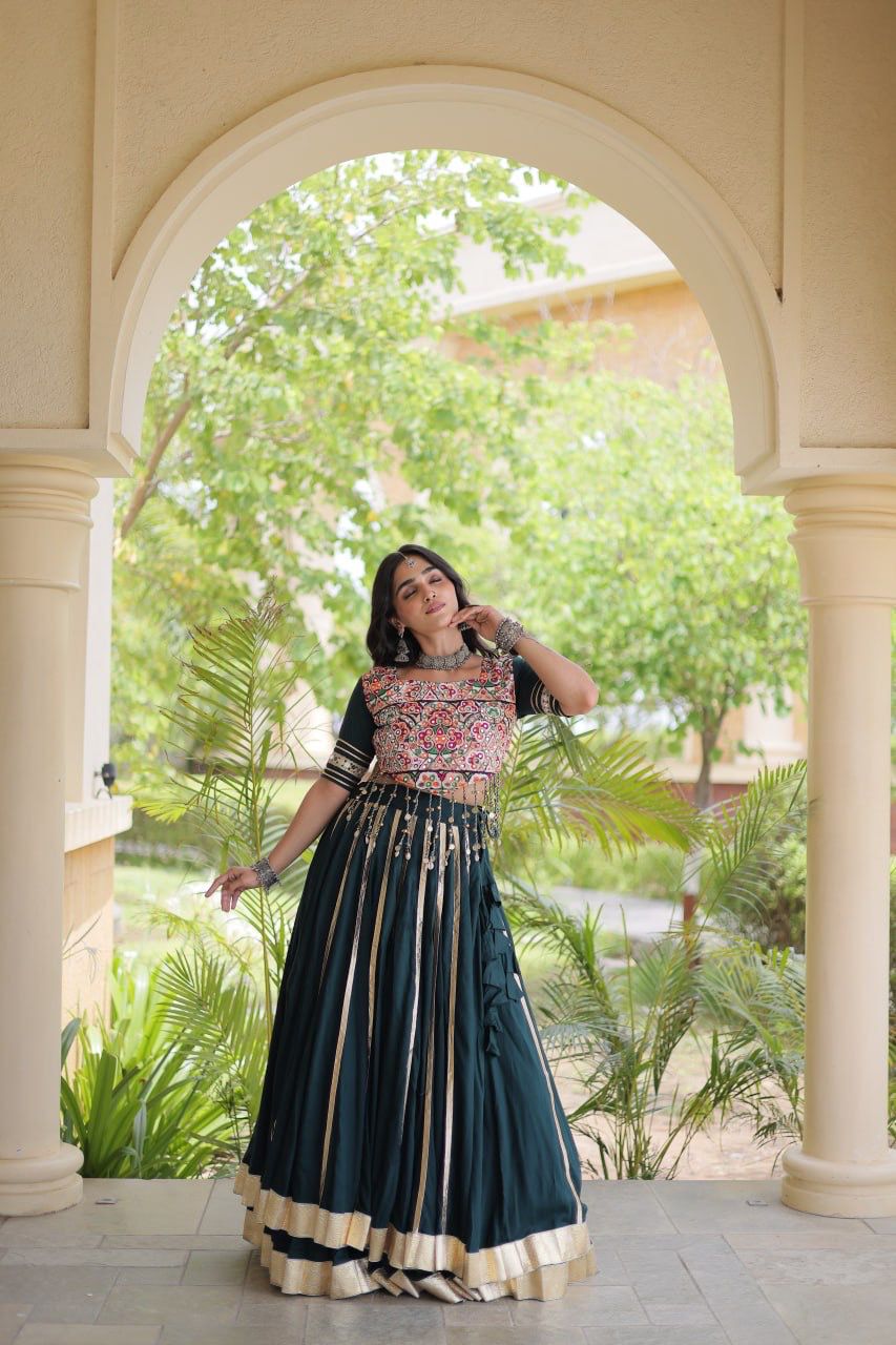 Gamthi embroidered lehenga choli with real mirror work and decorative blouse detailing