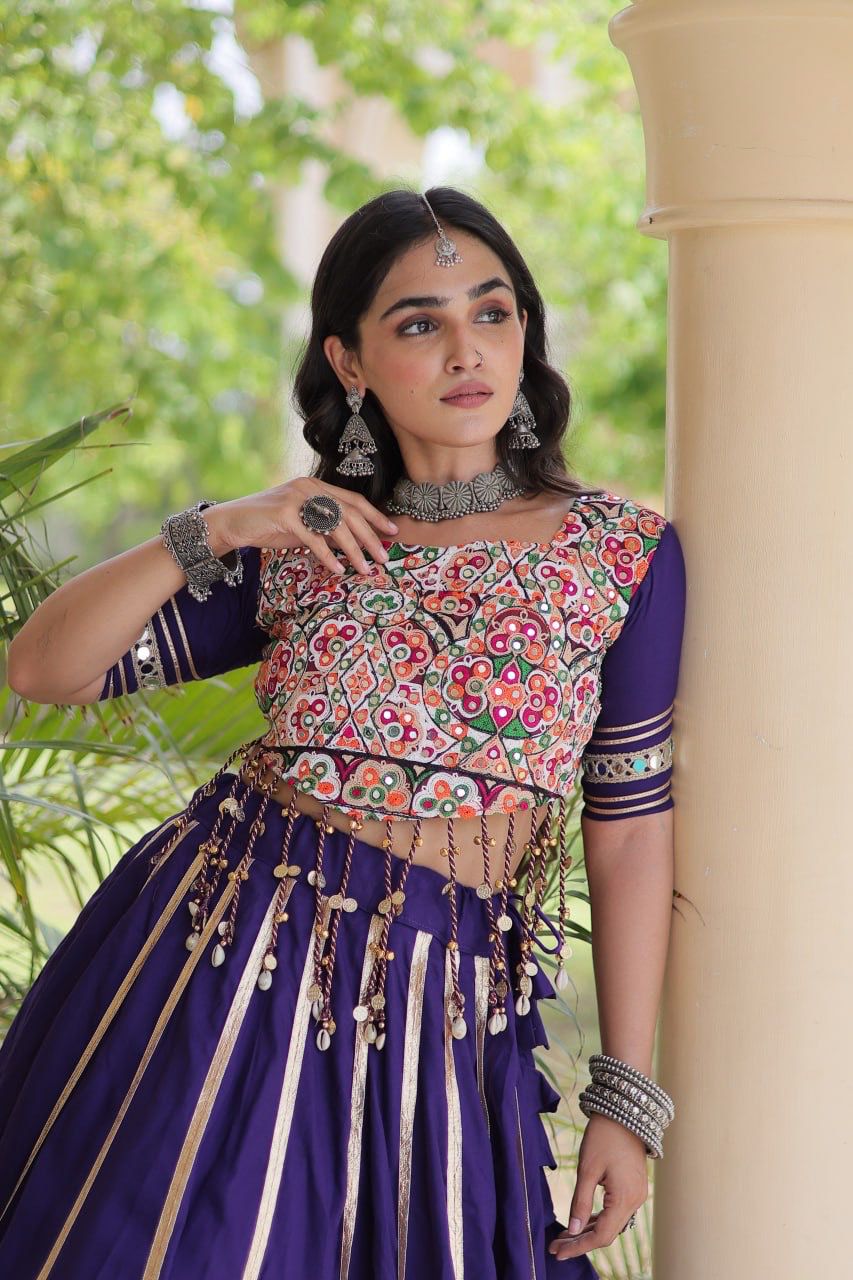 Gamthi embroidered purple blouse with real mirror work and traditional festive detailing