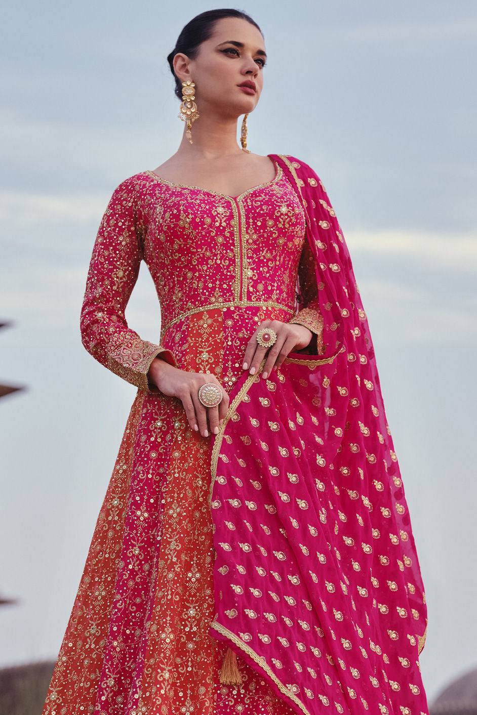 Full-length embroidered Georgette Anarkali suit with long sleeves and embellished matching dupatta
