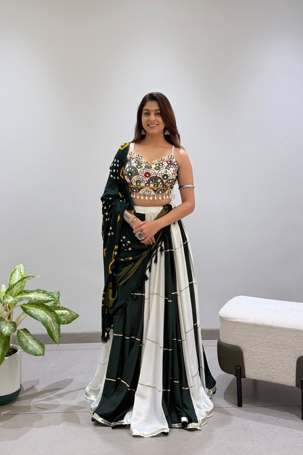 Full look of green and ivory Navratri lehenga choli with Bandhni dupatta